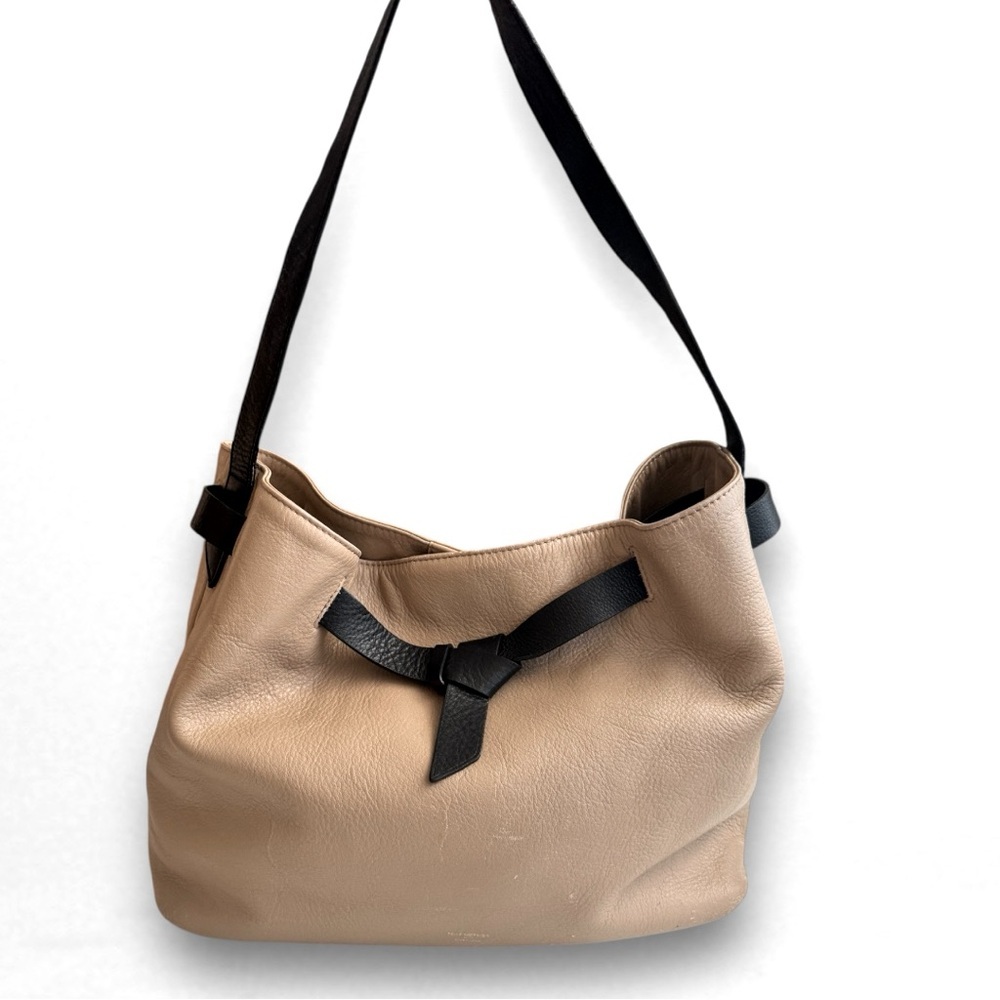 Pelle Morbida Marina Shoulder Bag Tan Black Knot Belt Leather Japanese 10x12